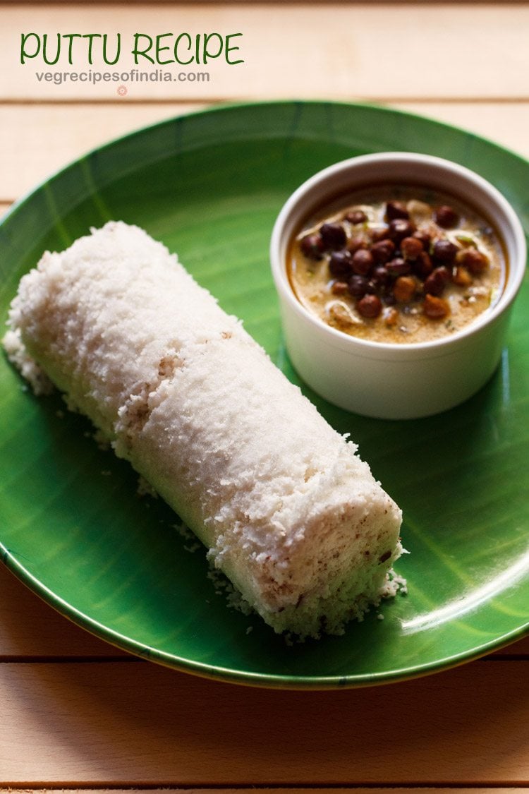 puttu served on a green colored plate with a bowl of black chickpea curry kept on the side and text layovers.