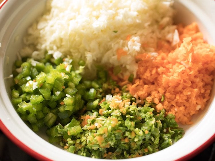 A bowl of chopped spring onions, cabbage, carrots, capsicum, French beans and rice.