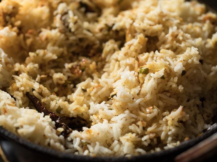 Cooked basmati rice mixed with the stir fry.