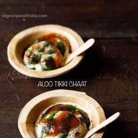 aloo tikki chaat served in individual wooden bowls with spoons and text layovers.