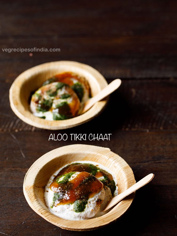 aloo tikki chaat served in individual wooden bowls with spoons and text layovers.