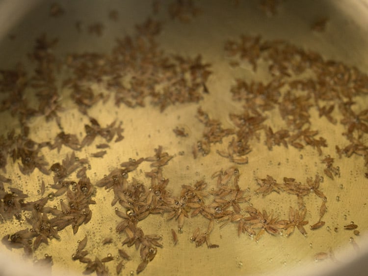 crackling and spluttering cumin seeds in a pan.