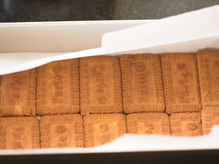 place the biscuit into the pan lined with parchment paper