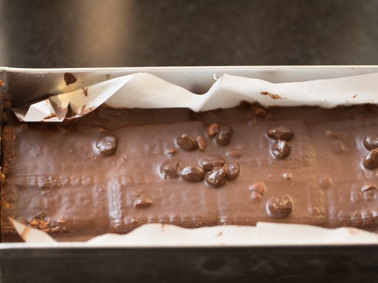 chocolate biscuit cake after being set in the pan