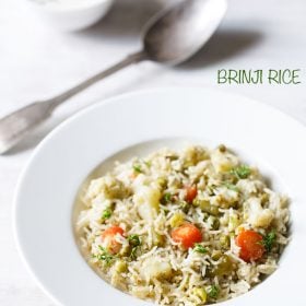 brinji rice served in a white bowl with a spoon, a small bowl of raita kept on the top left side and text layovers.