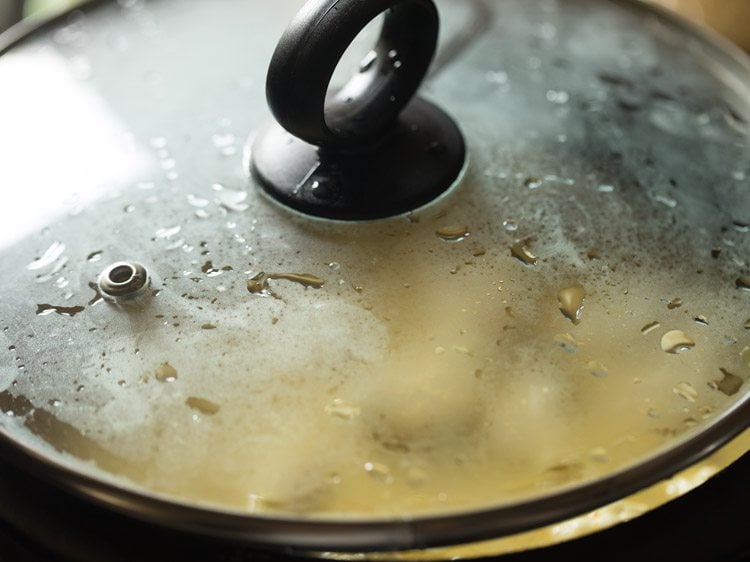 closeup of pot cover with condensation while cauliflower korma simmers