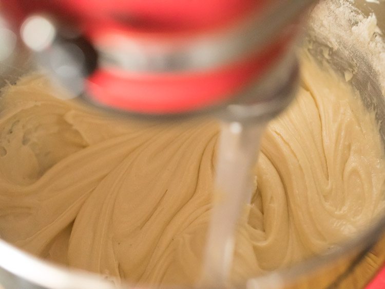 making butter cake batter in stand mixer.