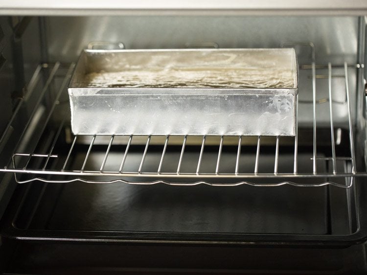 loaf pan in oven to bake butter cake.