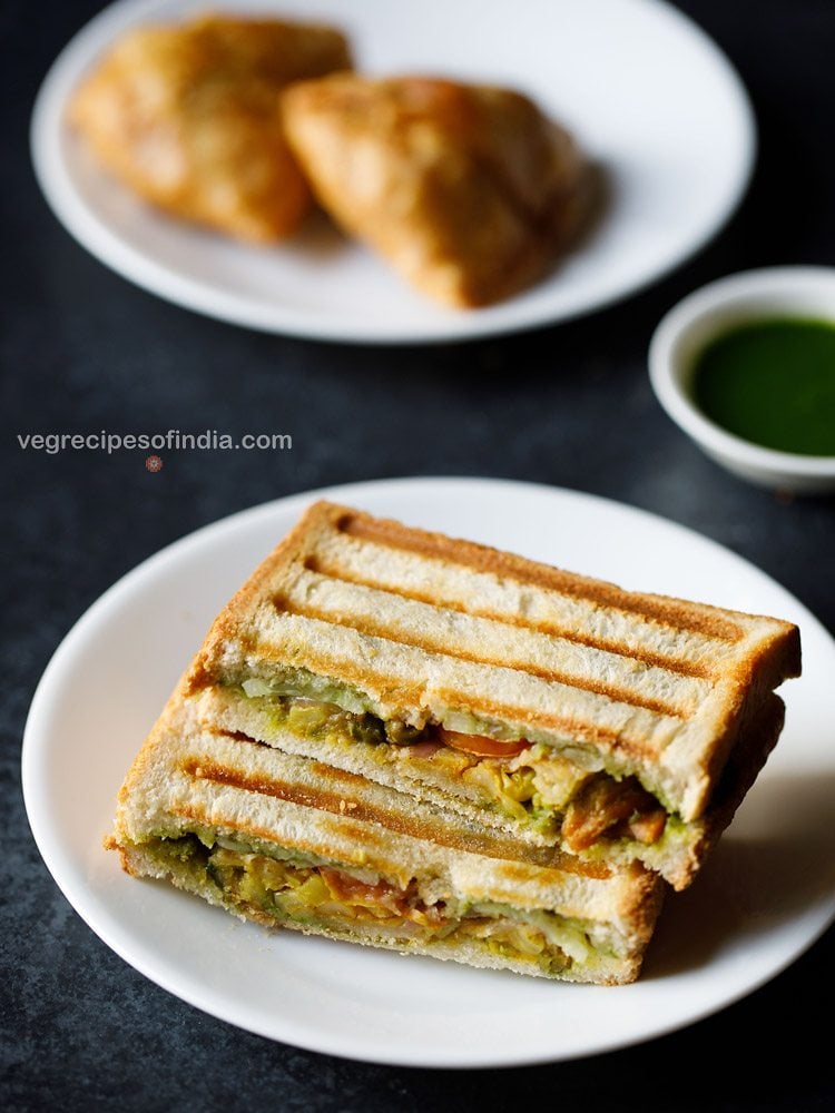 grilled samosa sandwich served with tomato sauce