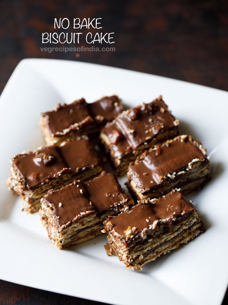 no bake chocolate biscuit cake served in a white bowl