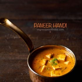 paneer handi garnished with coriander leaves and served in a copper handi with text layovers.