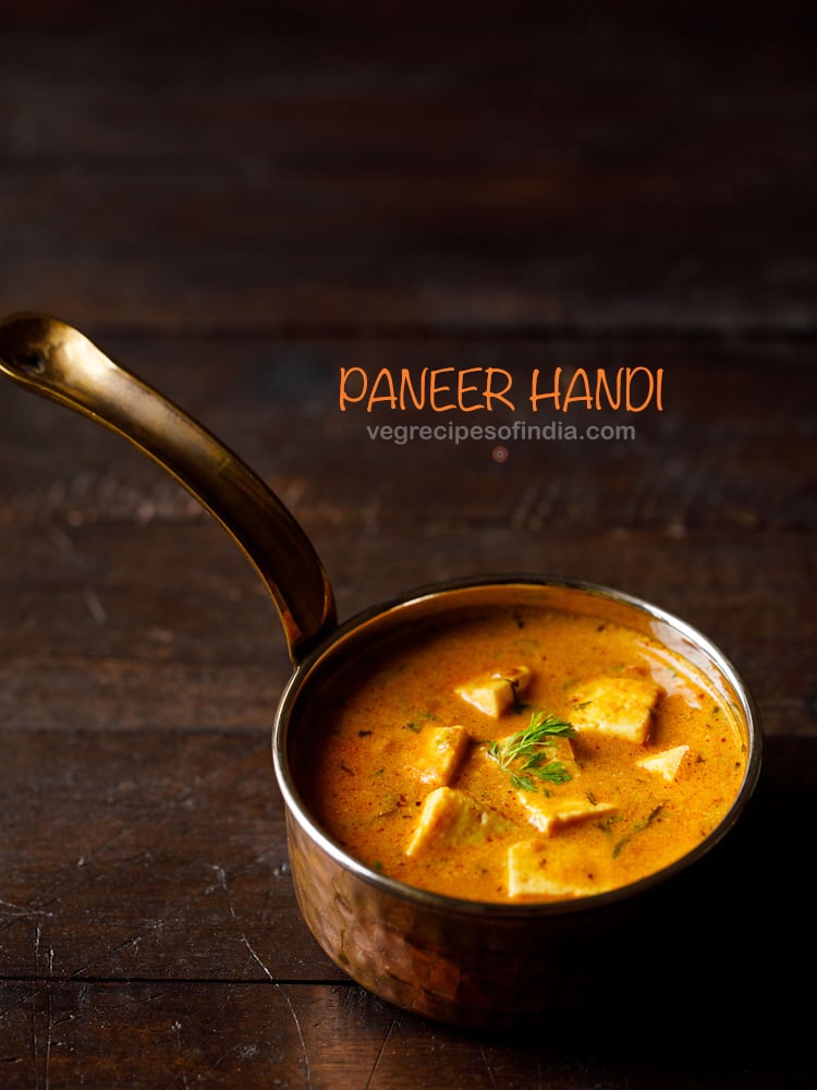 paneer handi garnished with coriander leaves and served in a copper handi with text layovers.