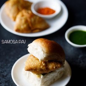samosa pav served on a white plate with a small bowl of green chutney and a plate of samosas and garlic chutney kept in the background and text layovers.