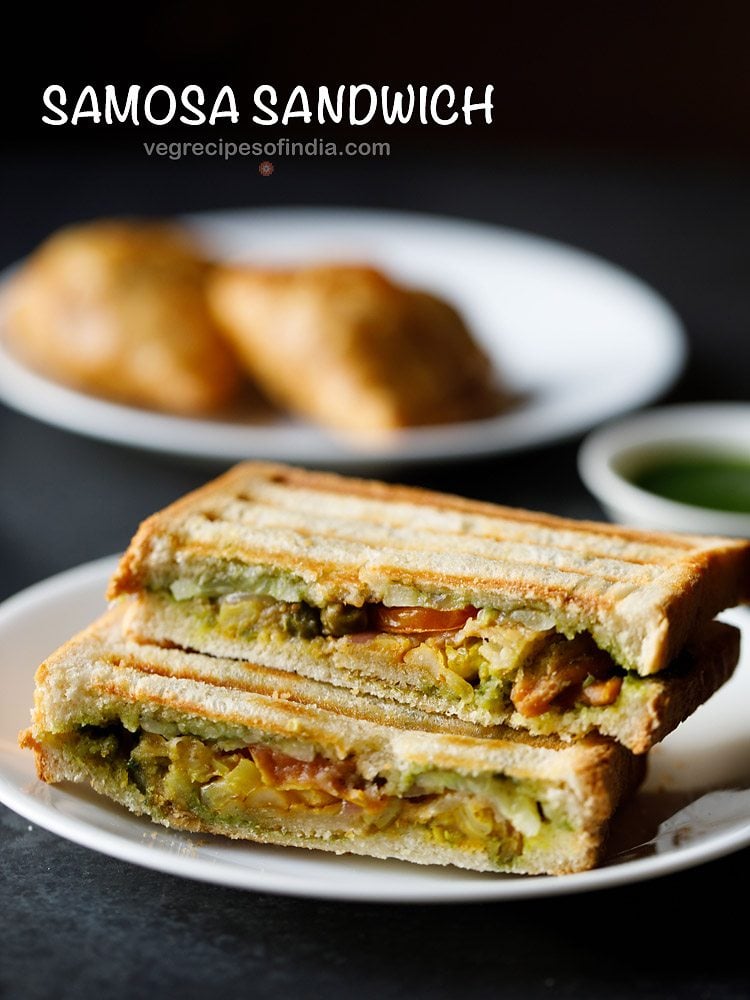 samosa sandwich served on a white plate with a small bowl of green chutney and a plate of samosas kept in the background and text layover.