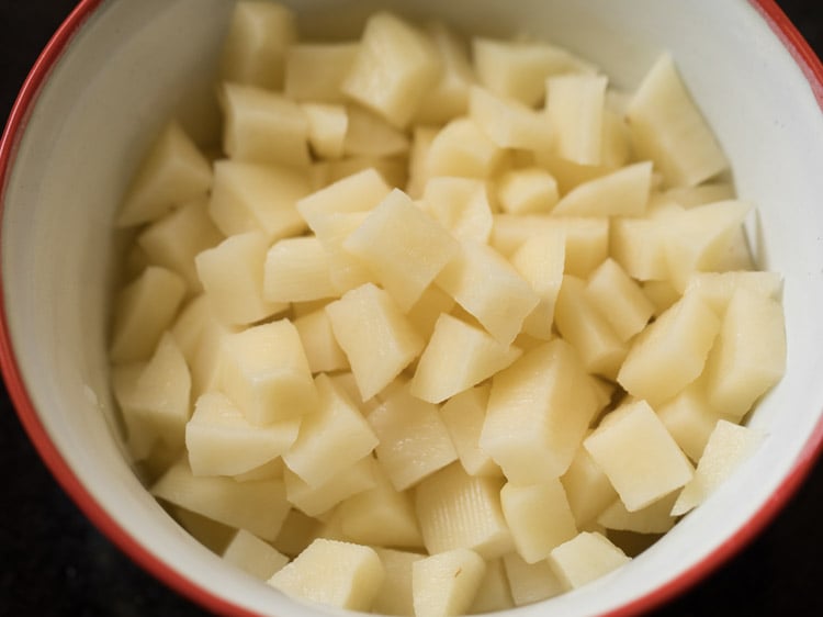 potatoes chopped into small cubes for shingara. 