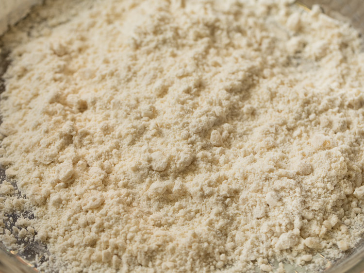 oil and salt mixed with the flour to get a breadcrumb like texture. 
