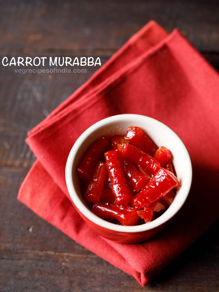 gajar ka murabba served in a small white bowl with text layover. 