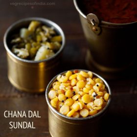 chana dal sundal served in a copper vessel with text layovers.