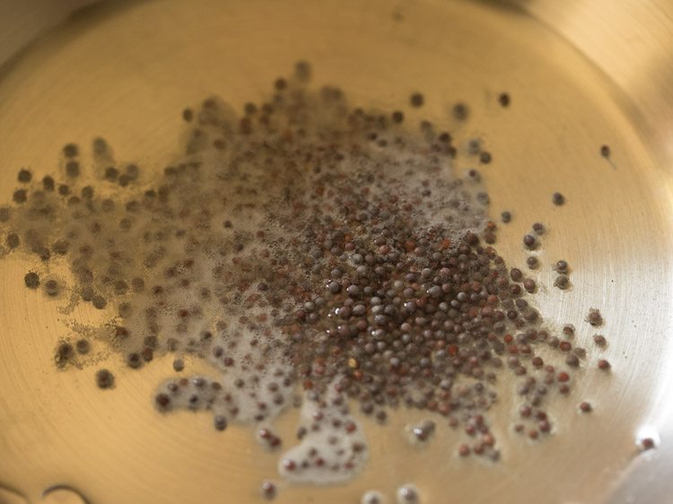 mustard seeds added to hot oil in a pan for making kadalai paruppu sundal.