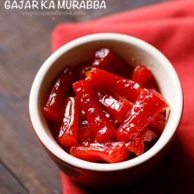 gajar ka murabba served in a small white bowl with text layover.