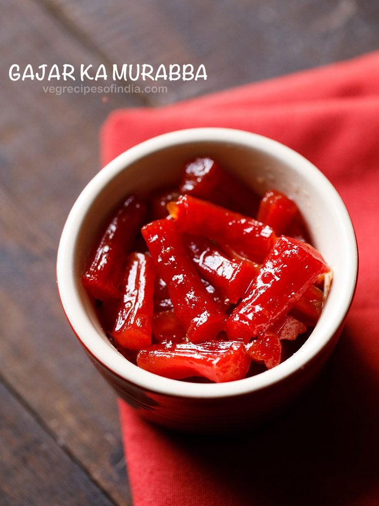 gajar ka murabba served in a small white bowl with text layover.