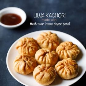 lilva kachori served on a white plate with a bowl of chutney kept in the background and text layovers.