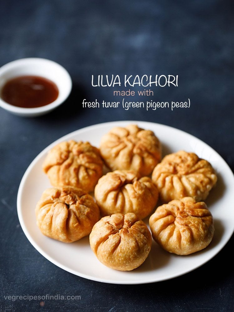 lilva kachori served on a white plate with a bowl of chutney kept in the background and text layovers.