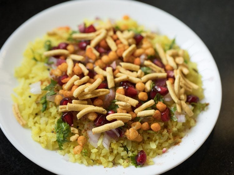 indori or ratlami sev added on poha. 