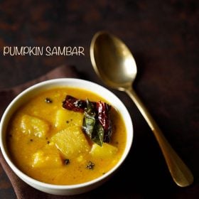 pumpkin sambar served in a bowl with a spoon kept on the right side and text layover.