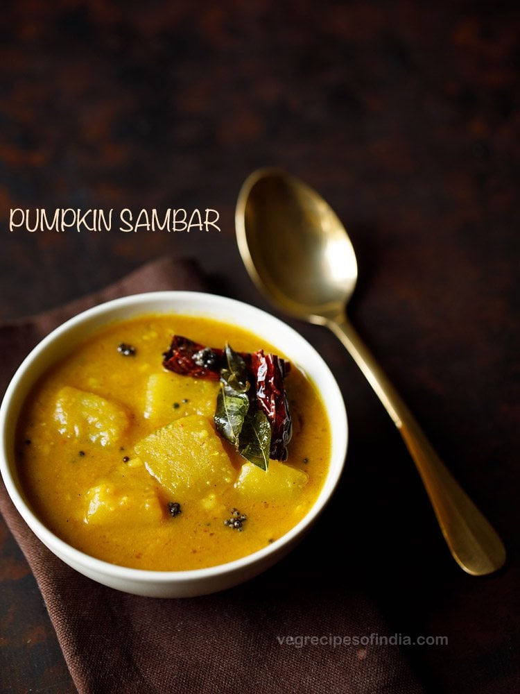 pumpkin sambar served in a bowl with a spoon kept on the right side and text layover.