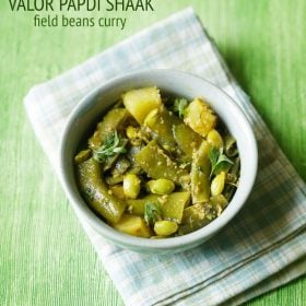 aloo semi ki sabji garnished with coriander leaves and served in a bowl with text layover.