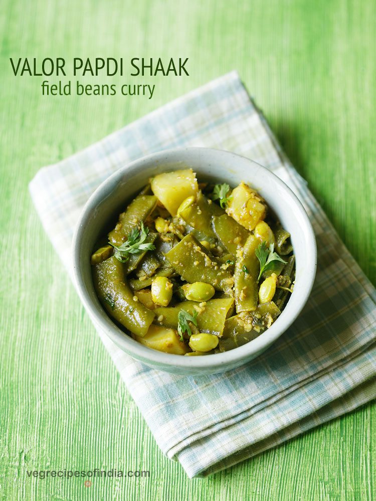 aloo semi ki sabji garnished with coriander leaves and served in a bowl with text layover.