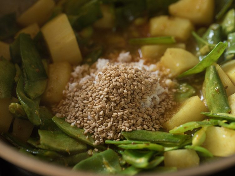 white sesame seeds added to papdi bhaji. 