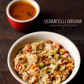 semiya biryani served in a white bowl with shorba in a bowl kept on the side and text layover.