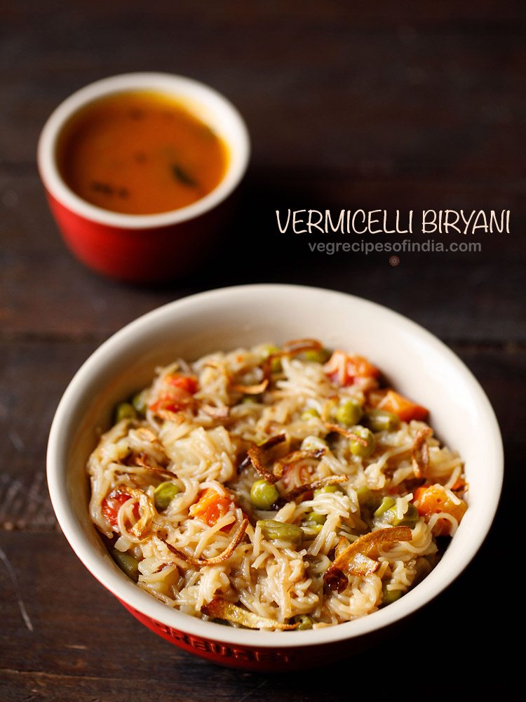 semiya biryani served in a white bowl with shorba in a bowl kept on the side and text layover.