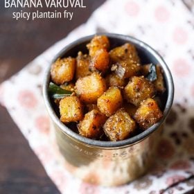 vazhakkai fry served in a steel container with text layovers.