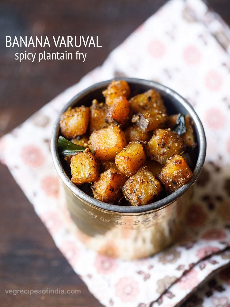 vazhakkai fry served in a steel container with text layovers.