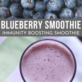 collage of blueberries and blueberry smoothie with text layovers