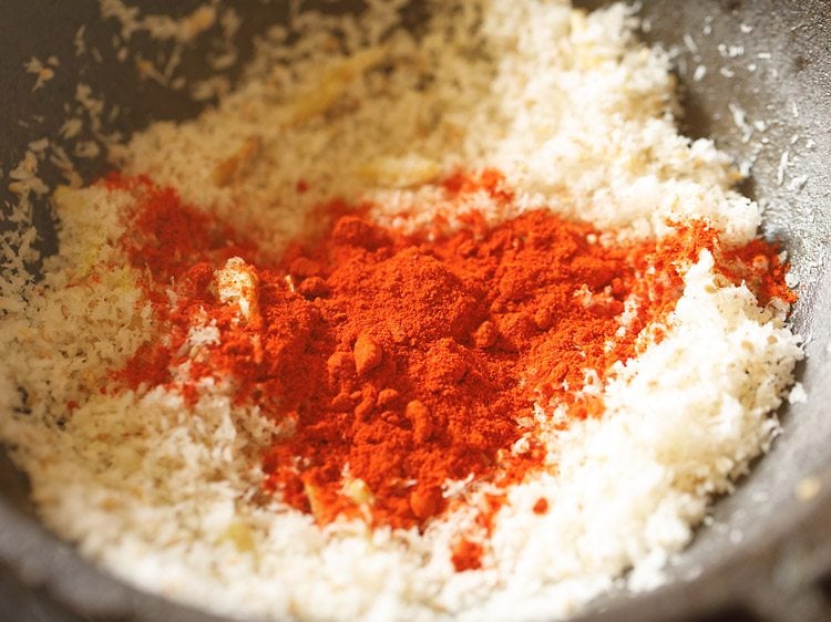 kashmiri chili powder for making dry garlic chutney bright orange.