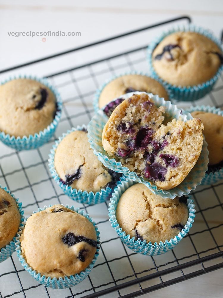 eggfree blueberry muffins on a wired rack