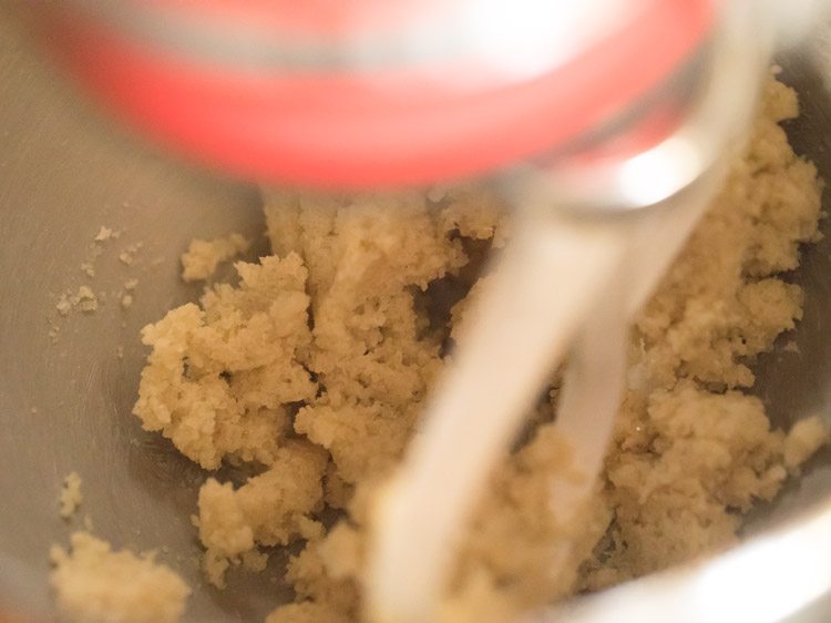 creaming butter and sugar in the stand mixer for making eggless sour cream coffee cake recipe.
