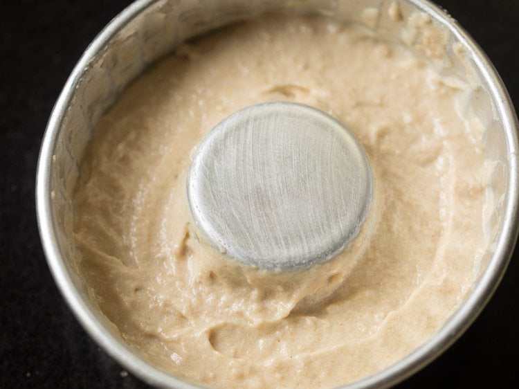 first layer of eggless sour cream coffee cake batter added to pan.