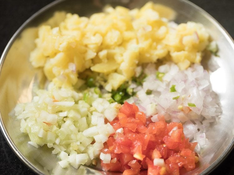 finely chopped ingredients for jhal muri. 