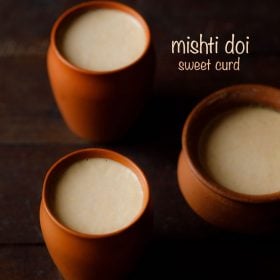 mishti doi served in earthenware with text layovers.