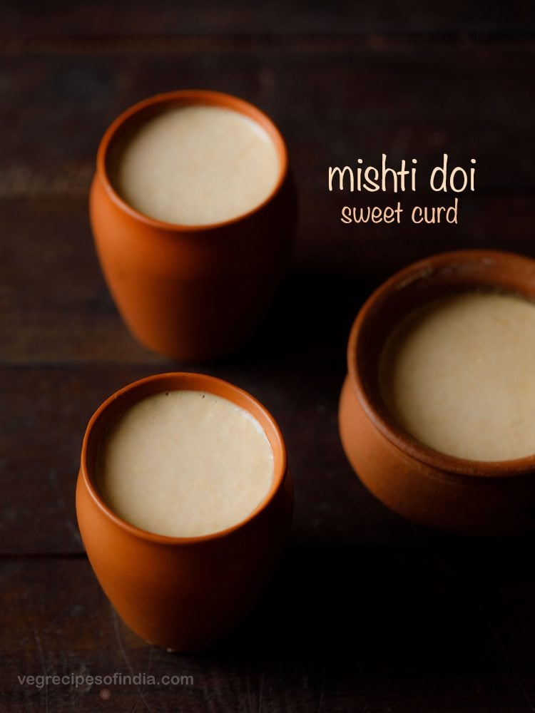 mishti doi served in earthenware with text layovers.