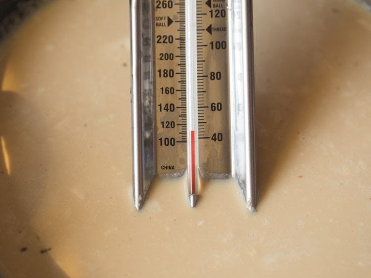 checking the temperature of the milk mixture with a cooking thermometer. 