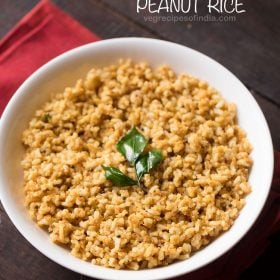 peanut rice garnished with a fried curry leaf sprig and served in a white bowl with text layovers.