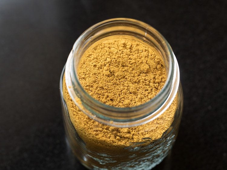 rasam powder in a glass jar. 