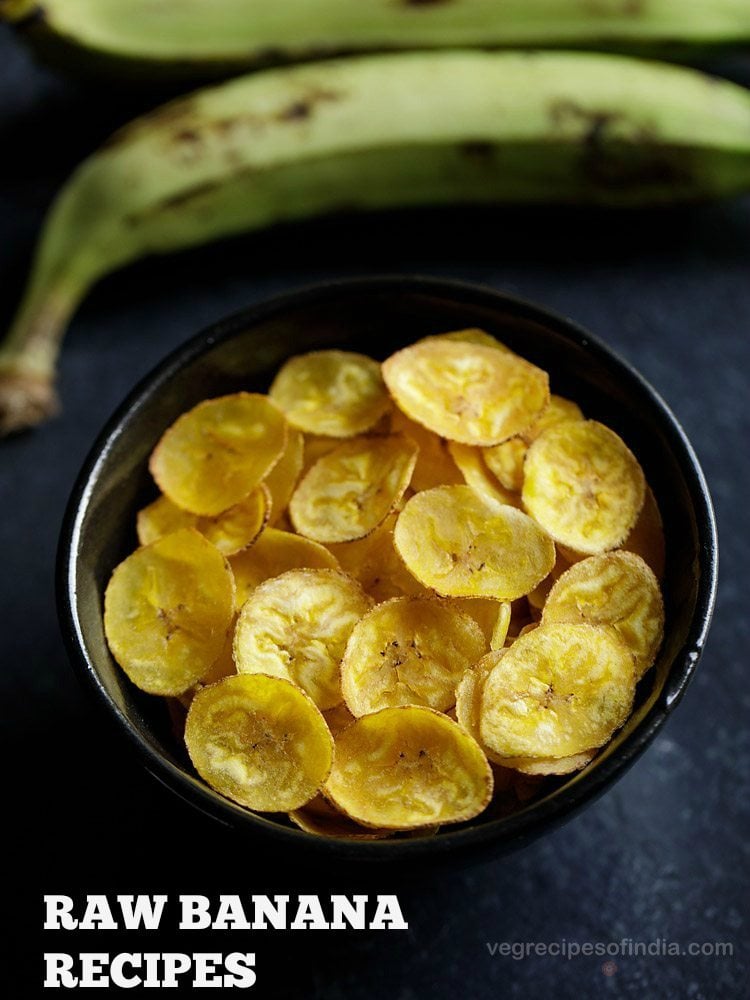 bowl of yellow banana chips with text layovers.
