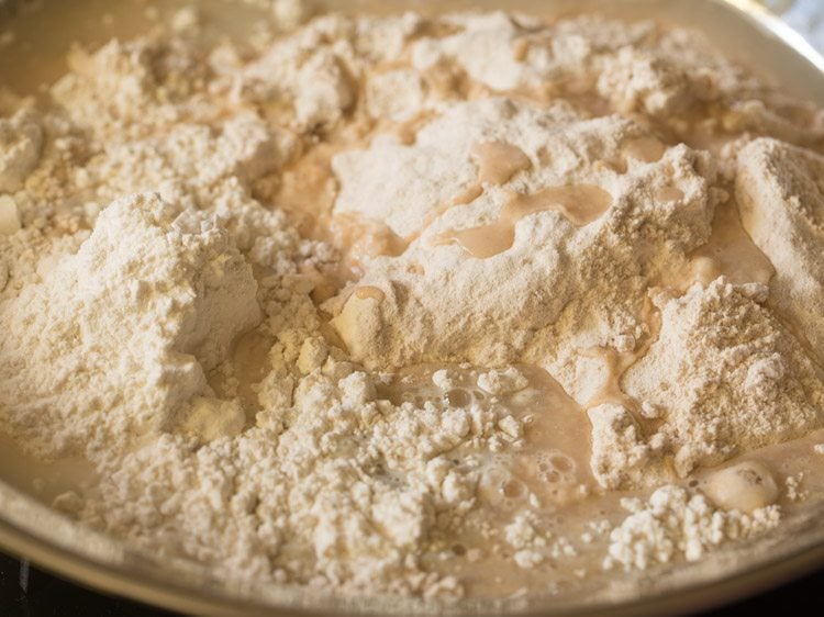 water added to flour mixture. 